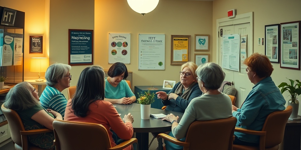 A support group meets in a community center, sharing experiences and resources about living with HHT.  5.png