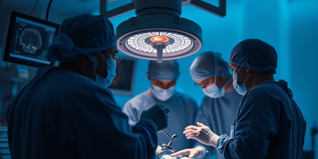 A surgical team performs a procedure on Arachnoidal Fibroblastoma, with dramatic lighting emphasizing precision in a serene operating room.  4.png