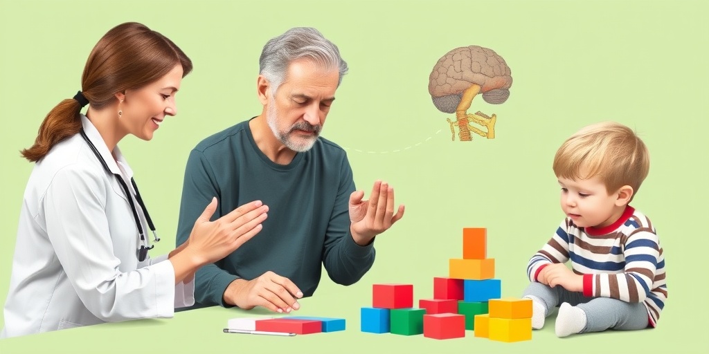 A therapist assists a senior man with hand exercises, while a child enjoys play therapy, symbolizing hope and healing.  3.png