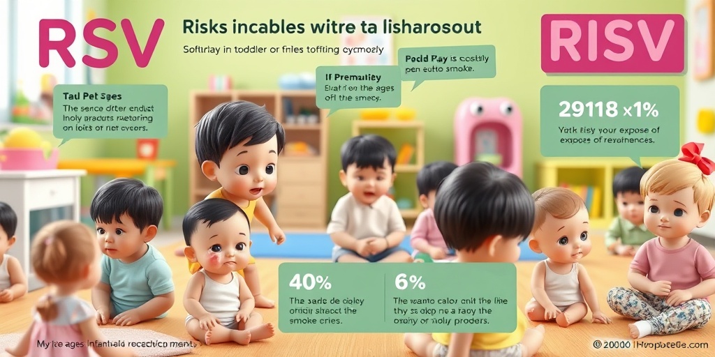 A vibrant daycare scene with infants and toddlers, some healthy and others showing signs of RSV, highlighting risk factors. 3.png