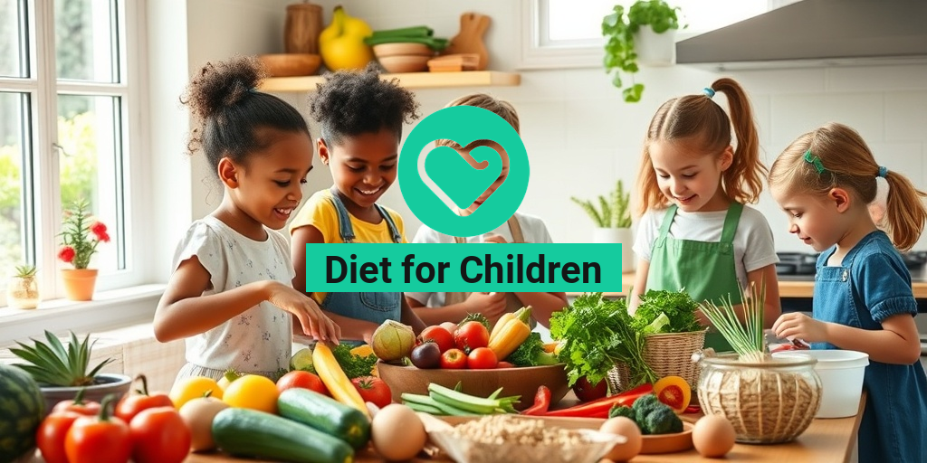 A vibrant kitchen filled with children joyfully preparing healthy foods, surrounded by colorful fruits and vegetables. • Yesil Health AI