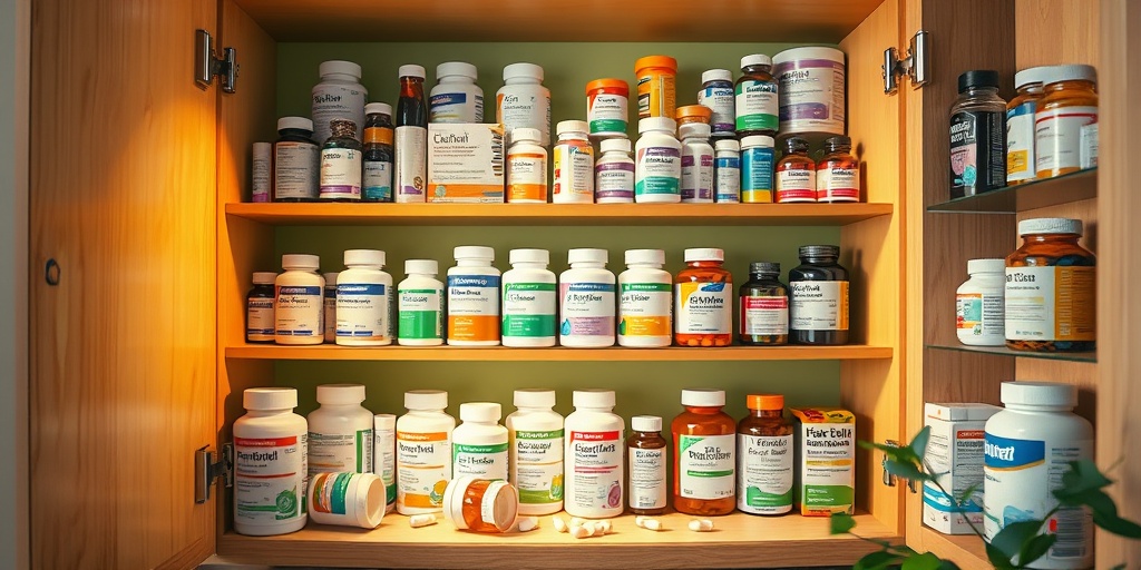 A well-organized medicine cabinet displays colorful pain relief medications, illuminated by warm light and accented with a small plant.  3.png