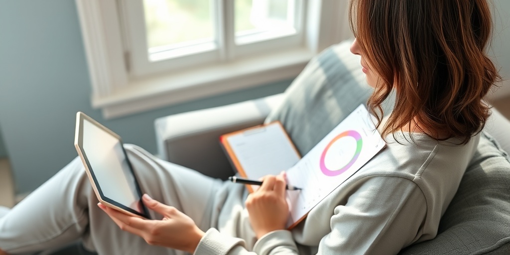 A woman comfortably tracking her menstrual cycle on a tablet, with soft natural light creating a tranquil atmosphere.  4.png