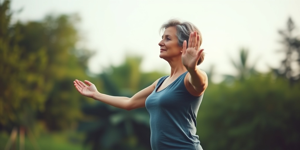 A woman in her 50s practices yoga outdoors, embodying resilience and well-being while managing heart disease amidst greenery.  5.png