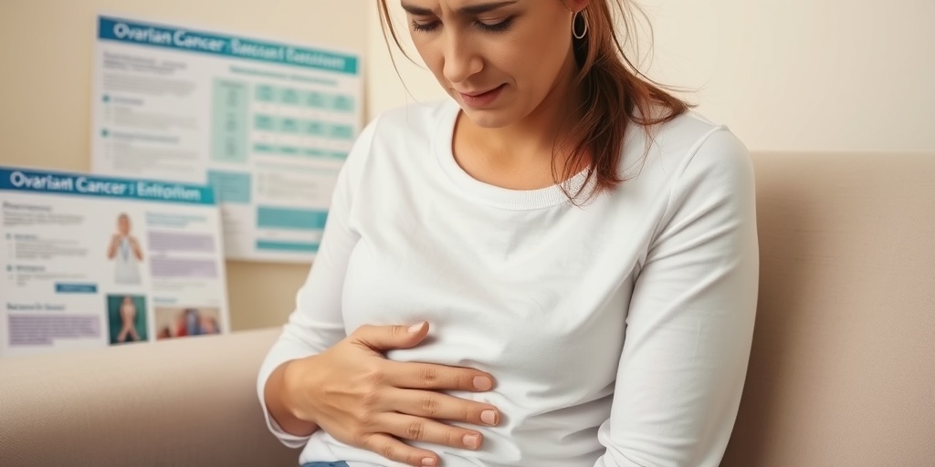 A woman seated in a softly lit room, gently holding her abdomen, reflecting the emotional weight of Ovarian Cancer symptoms.  2.png