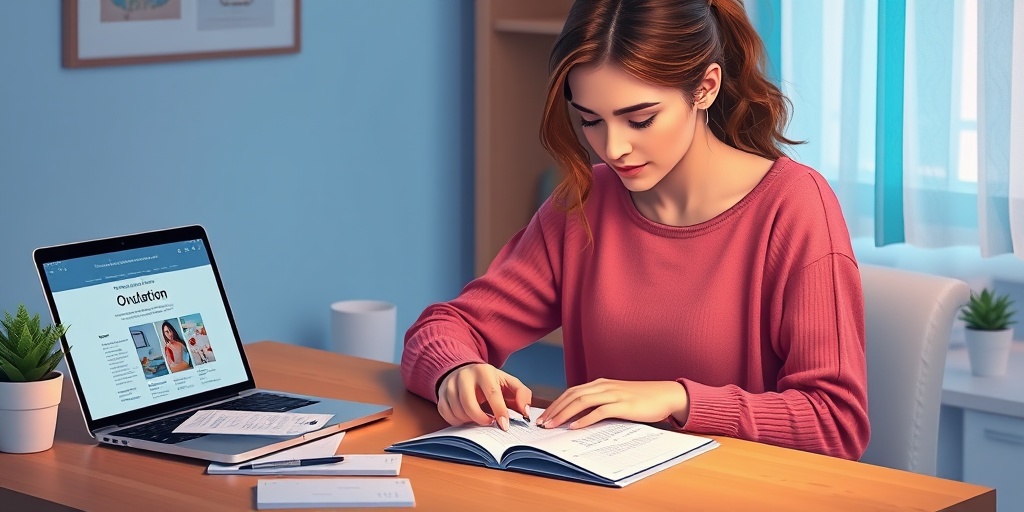 A woman thoughtfully marking her ovulation calendar at a cozy desk, illuminated by soft blue hues.  2.png