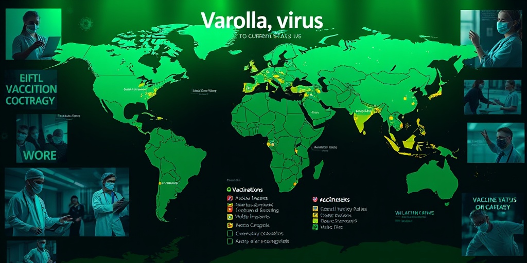 A world map illustrating vaccination coverage and outbreaks of Variola Virus, surrounded by images of healthcare efforts and urgency.  5.png