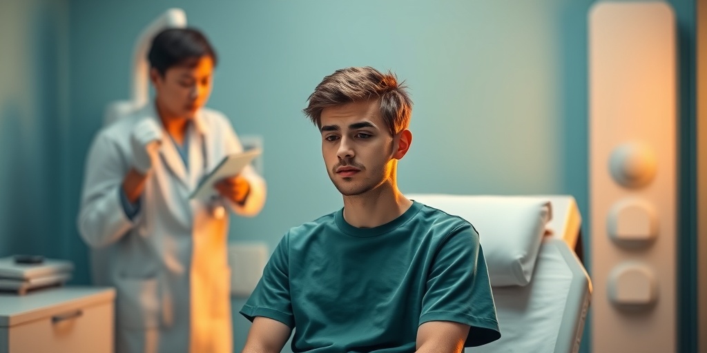 A young adult in a clinical setting shows signs of headache, with a concerned healthcare professional nearby.  2.png