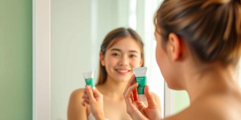 A young person applies acne treatment in front of a mirror, reflecting hope amidst a tranquil, softly lit environment. 4.png