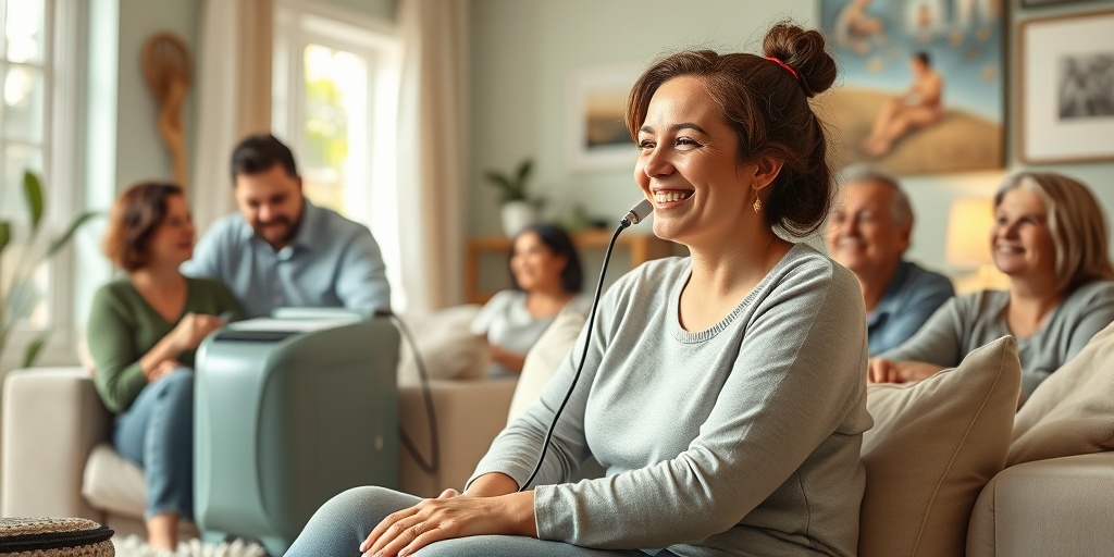 A young woman uses a portable oxygen concentrator in a bright living room, surrounded by supportive family members, radiating resilience.  5.png
