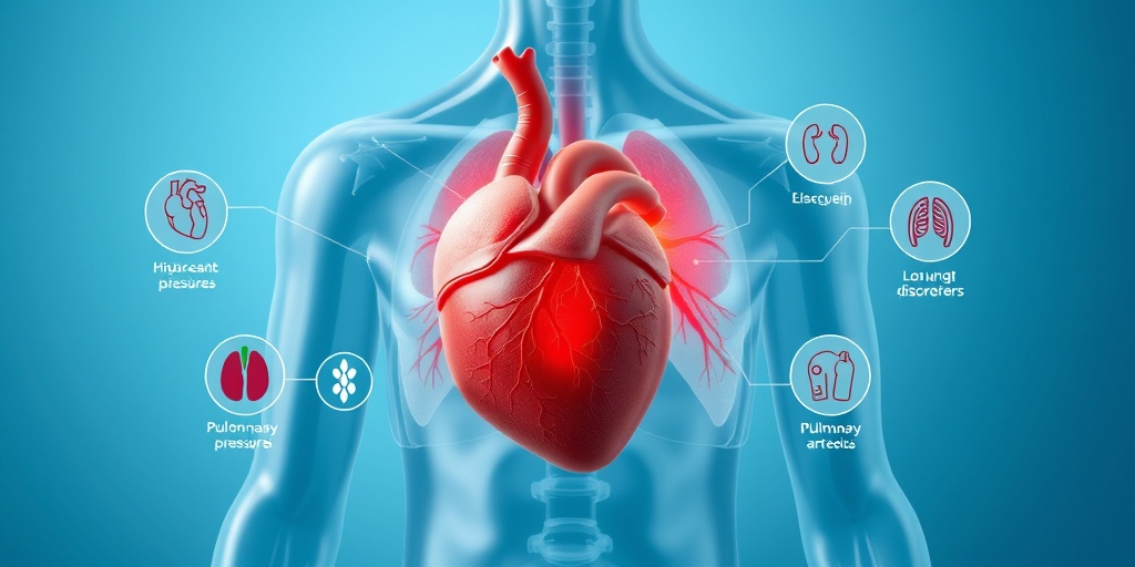 An anatomical model illustrates secondary pulmonary hypertension, highlighting pressure points in the heart and lungs against a blue backdrop.  2.png