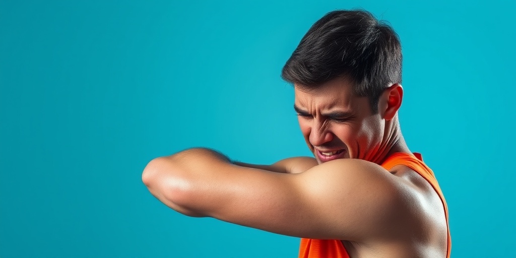 An athlete in pain, gripping their elbow, sweat glistening, set against a soft blue backdrop highlighting their frustration.2.png
