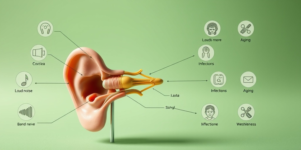 An ear anatomy model highlights structures like the cochlea and eardrum, with icons representing causes of deafness.  3.png