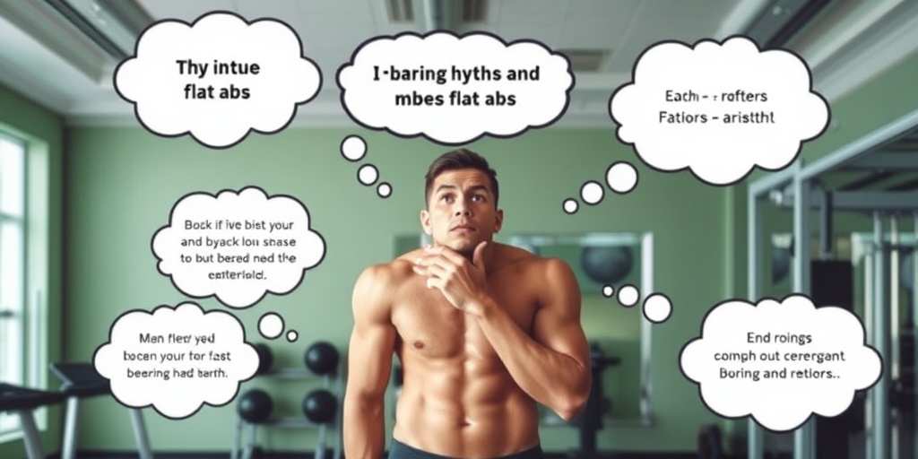 An individual challenges flat abs myths in a serene gym, surrounded by text bubbles debunking common misconceptions.  4.png