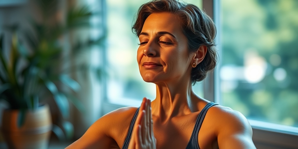 An individual practices gentle yoga in a tranquil space, embodying resilience and hope while living with psoriatic arthritis.  5.png