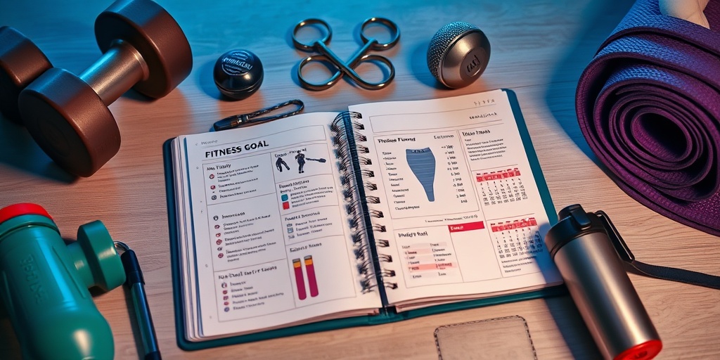 An open planner on a table details fitness goals and meal plans, surrounded by workout essentials in a calm setting.3.png