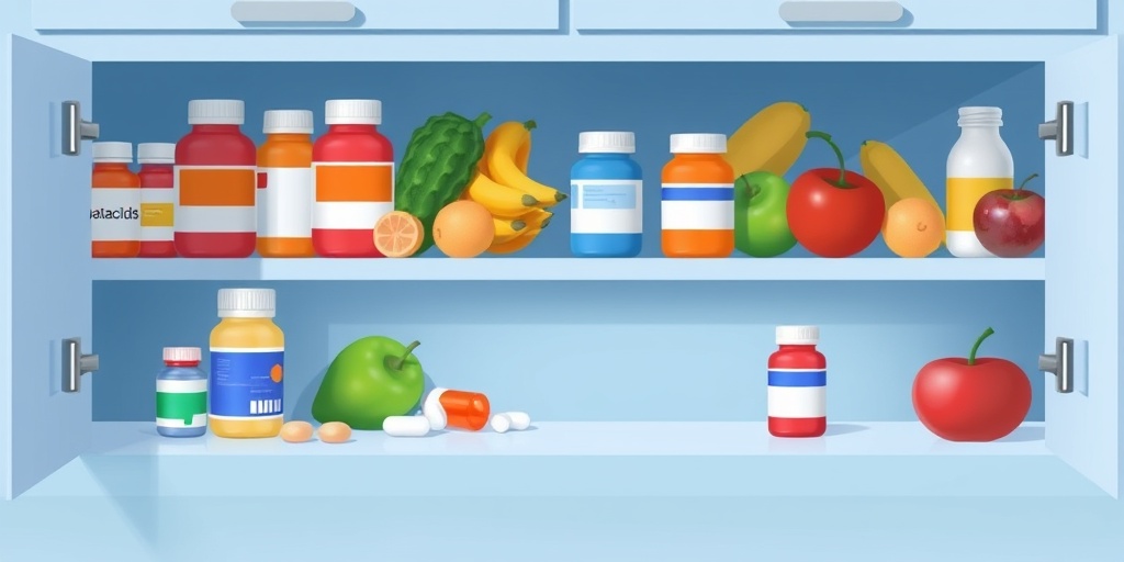 An organized medicine cabinet displays gastritis treatment options, with medications and healthy foods in a serene blue setting.  4.png