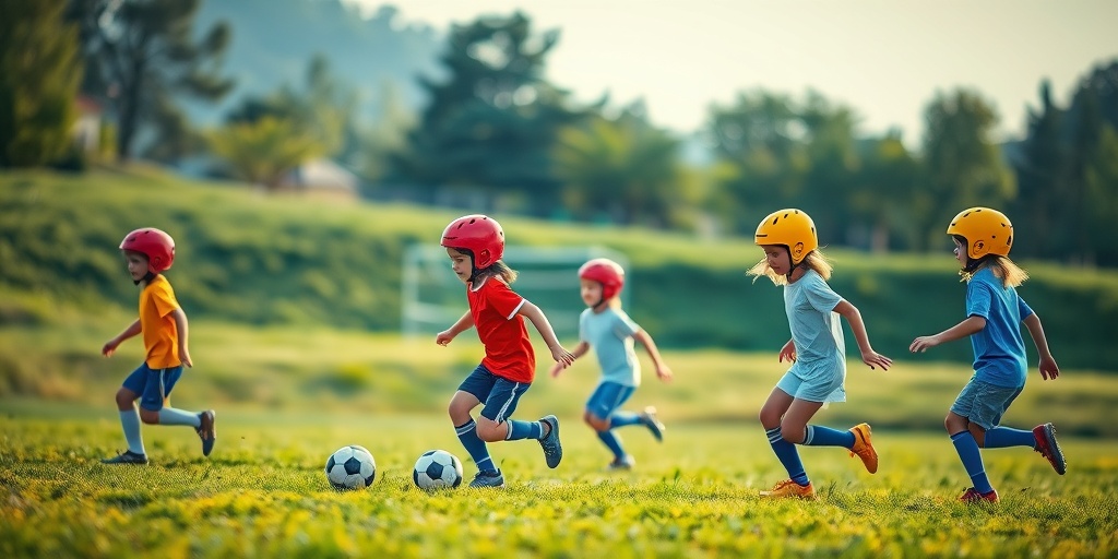 Children play soccer in helmets, emphasizing joy and safety while promoting concussion prevention in a vibrant outdoor setting.  5.png