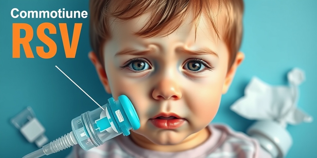 Close-up of a child's face showing respiratory distress, with watery eyes and a runny nose, surrounded by medical items. 2.png
