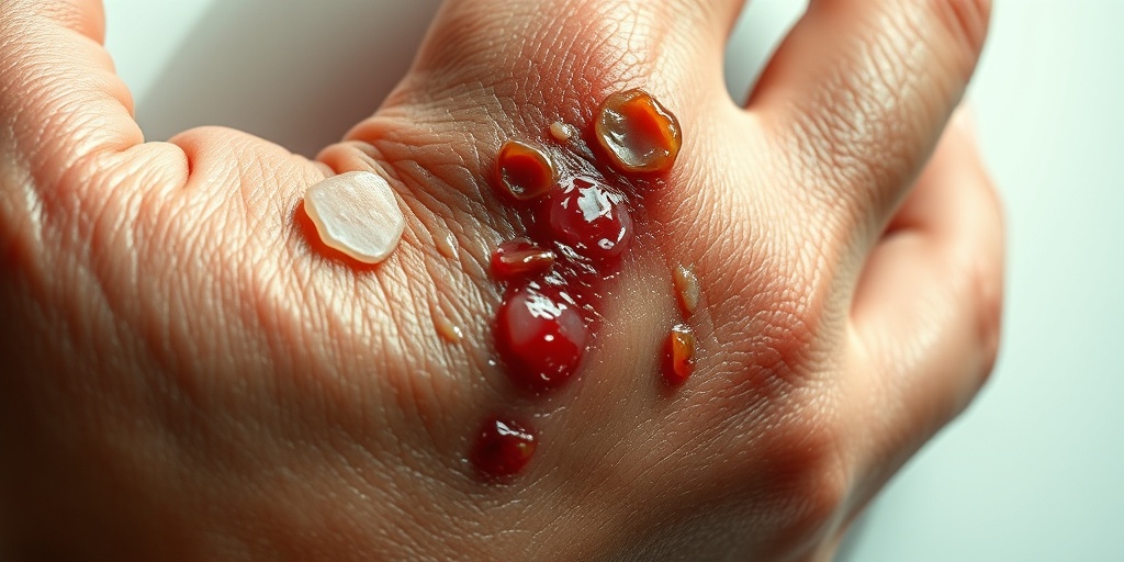 Close-up of a hand affected by Epidermolysis Bullosa, highlighting intricate blisters and fragile skin texture in soft lighting.  2.png