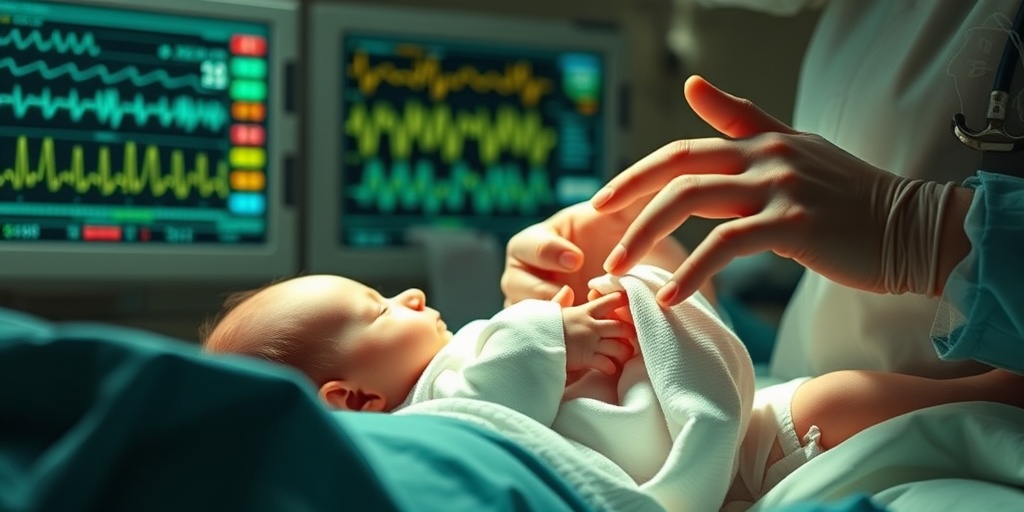 Close-up of a healthcare provider's hands guiding a baby during delivery, with monitors displaying vital signs in the background.2.png
