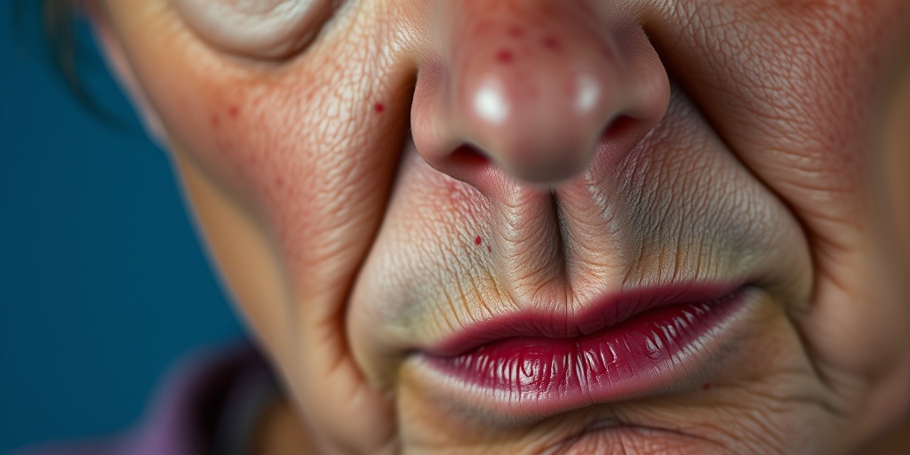 Close-up of a patient’s face, highlighting red spots of telangiectasia, conveying resilience and concern.  2.png