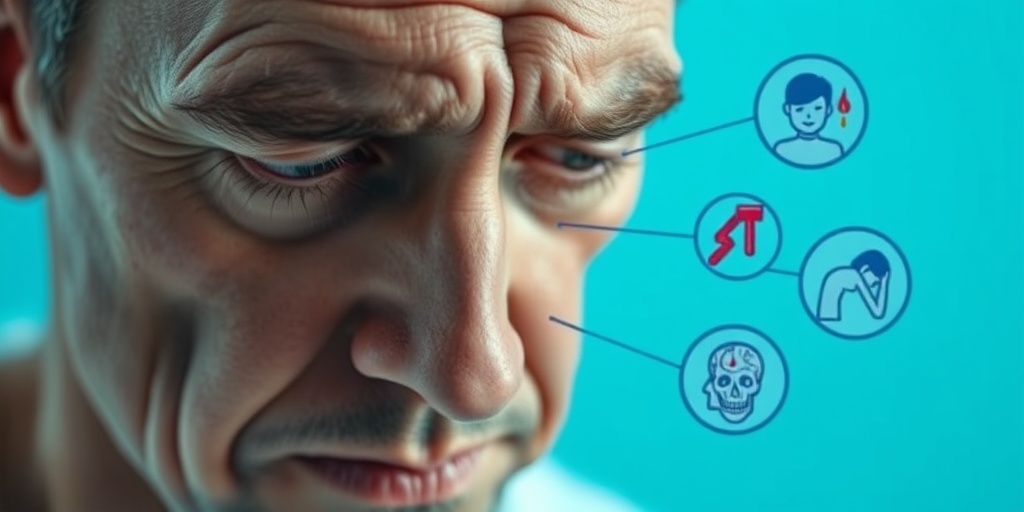 Close-up of a patient's face reveals confusion and discomfort, surrounded by abstract symbols of symptoms. 2.png