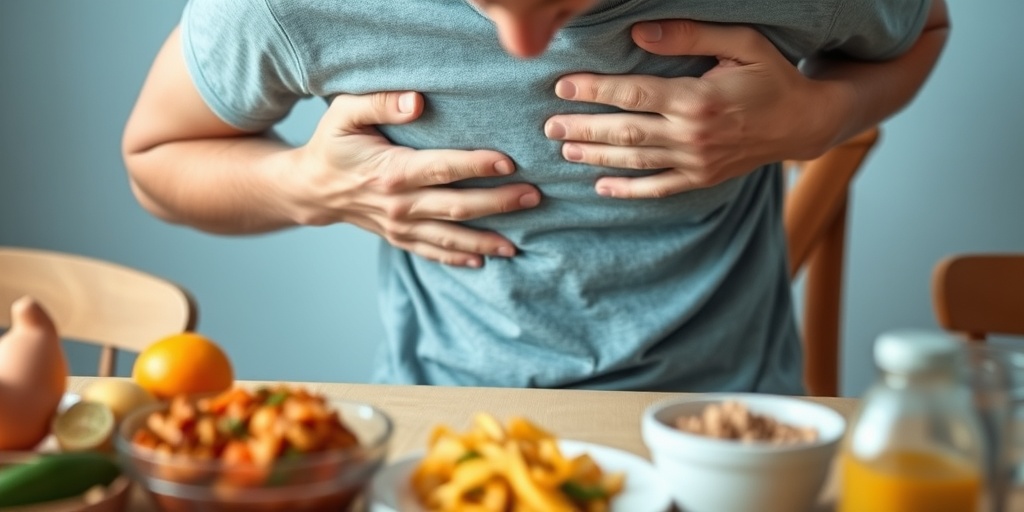 Close-up of a person at a dining table, holding their stomach in pain, surrounded by trigger foods.  2.png