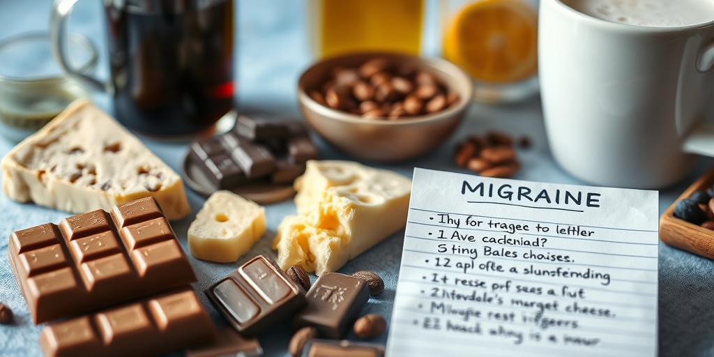 Close-up of a table showcasing migraine triggers like chocolate and cheese, with a notepad for dietary awareness.  2.png
