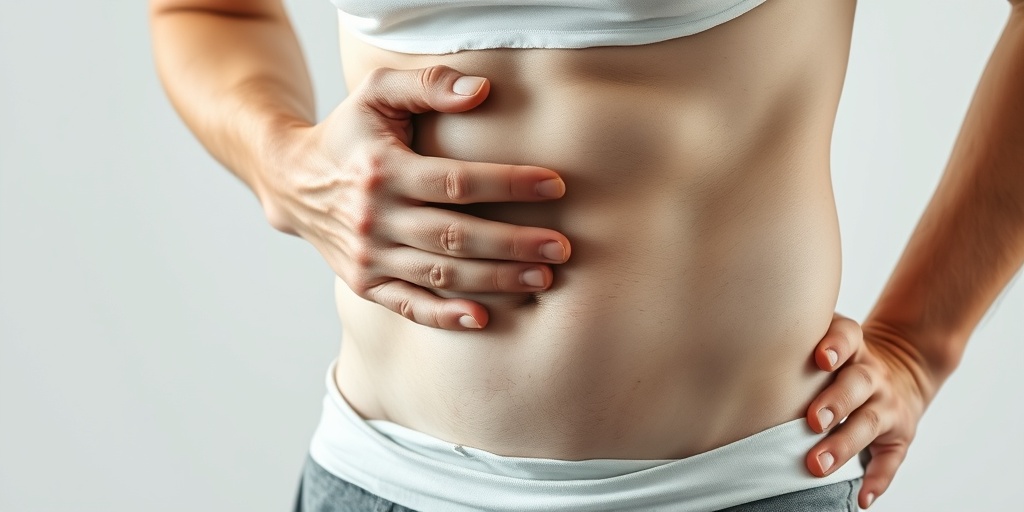 Close-up of a young adult's abdomen shows splenomegaly symptoms, conveying unease against a creamy white backdrop.  2.png