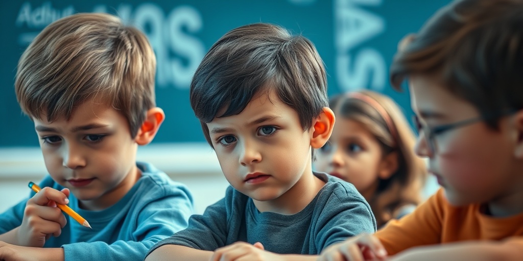 Close-up of students showing ADHD signs; fidgeting, daydreaming, and participating, capturing diverse classroom emotions.  2.png