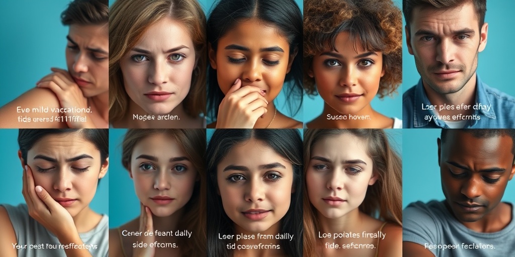 Close-up portraits depict individuals experiencing mild vaccination side effects, promoting awareness and understanding of temporary reactions.  4.png