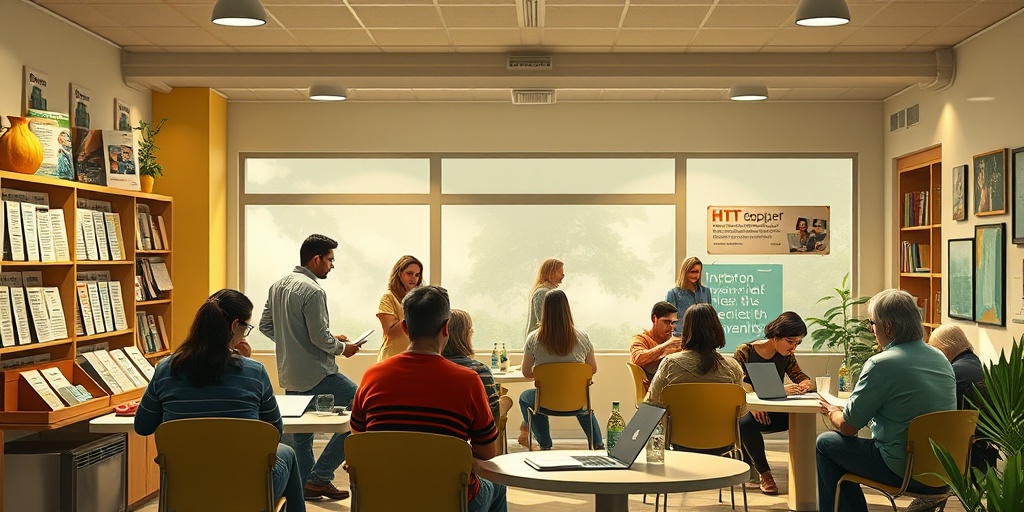 Community center filled with resources for HHT support, fostering discussions and empowerment among diverse individuals.  5.png