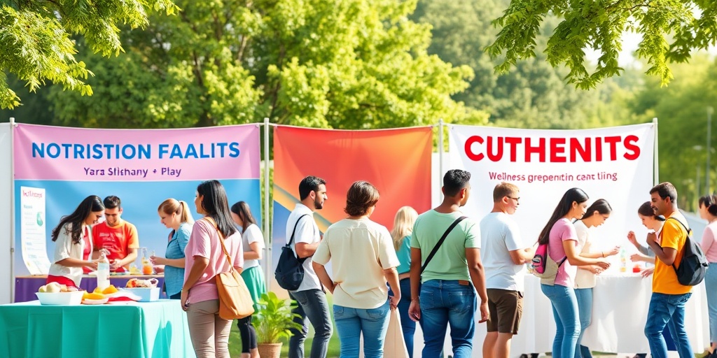 Community health fair showcases nutritionists and fitness trainers engaging families in healthy living activities. 5.png