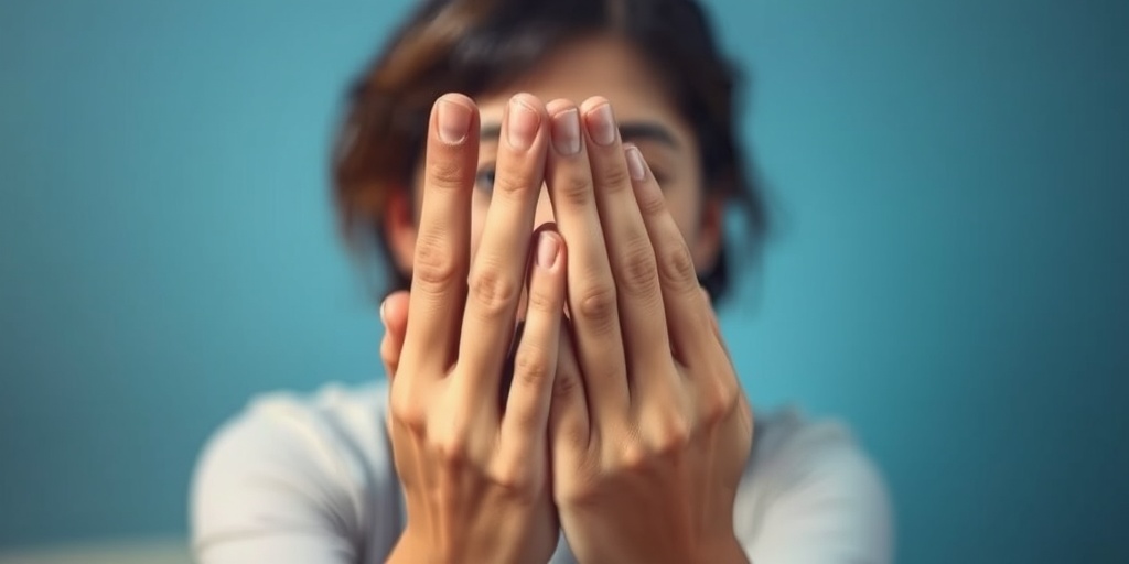 Contemplative person with jagged nails near their face, set against a subtle blue backdrop, inviting empathy.  2.png