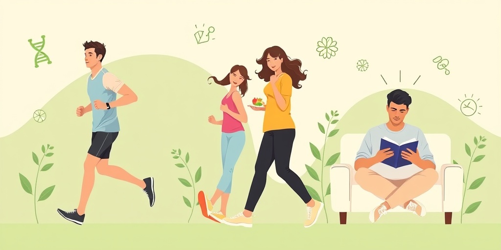 Diverse individuals engage in healthy activities, surrounded by icons of genetics and stress, promoting wellness and lifestyle awareness.  3.png