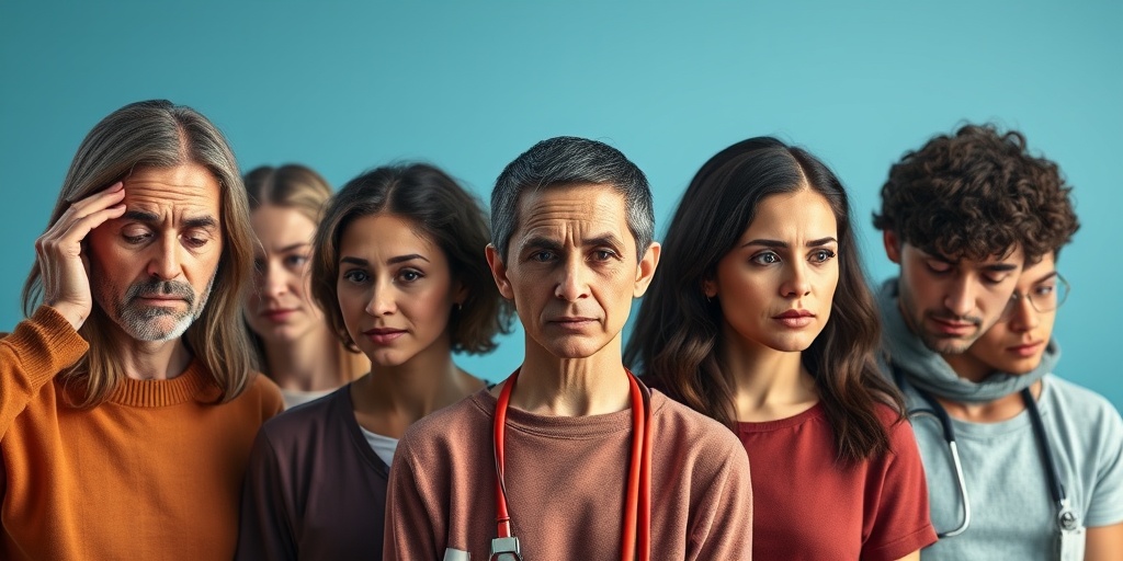 Diverse individuals exhibit symptoms of Arachnoidal Fibroblastoma in a clinical setting, with warm lighting evoking empathy and understanding.  2.png