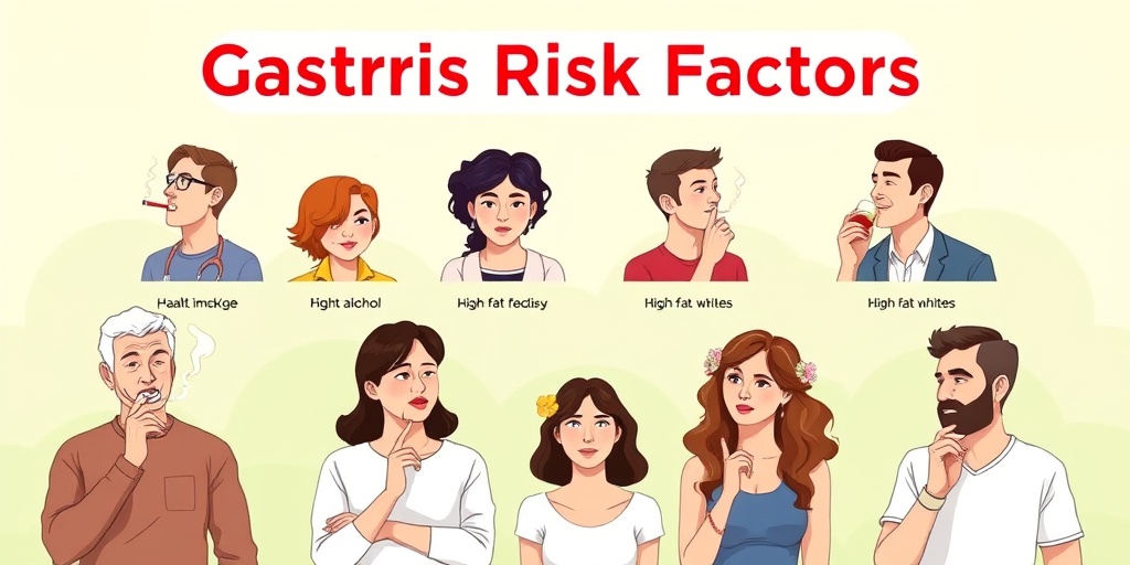 Diverse individuals illustrate gastritis risk factors, engaging in unhealthy habits against a green and creamy white backdrop.  3.png