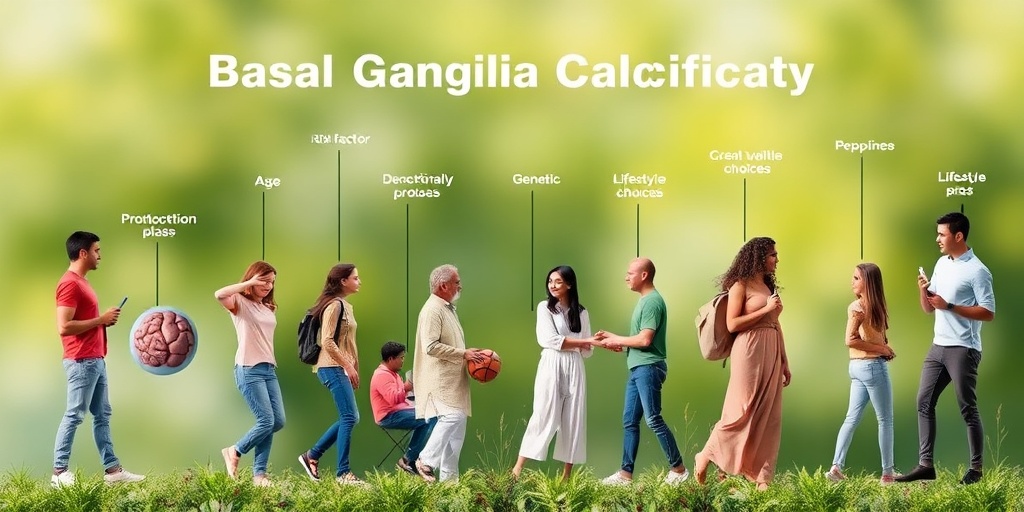 Diverse individuals represent various risk factors for Basal Ganglia Calcification in a vibrant, natural setting, promoting health awareness and education.3.png