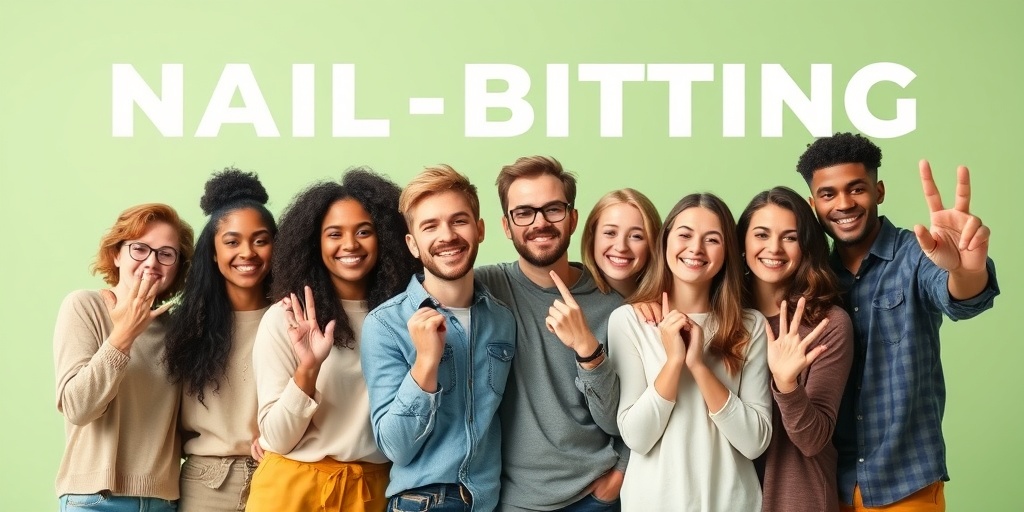 Diverse individuals showcasing varying nail damage in a relaxed setting, promoting awareness of nail-biting habits.  3.png