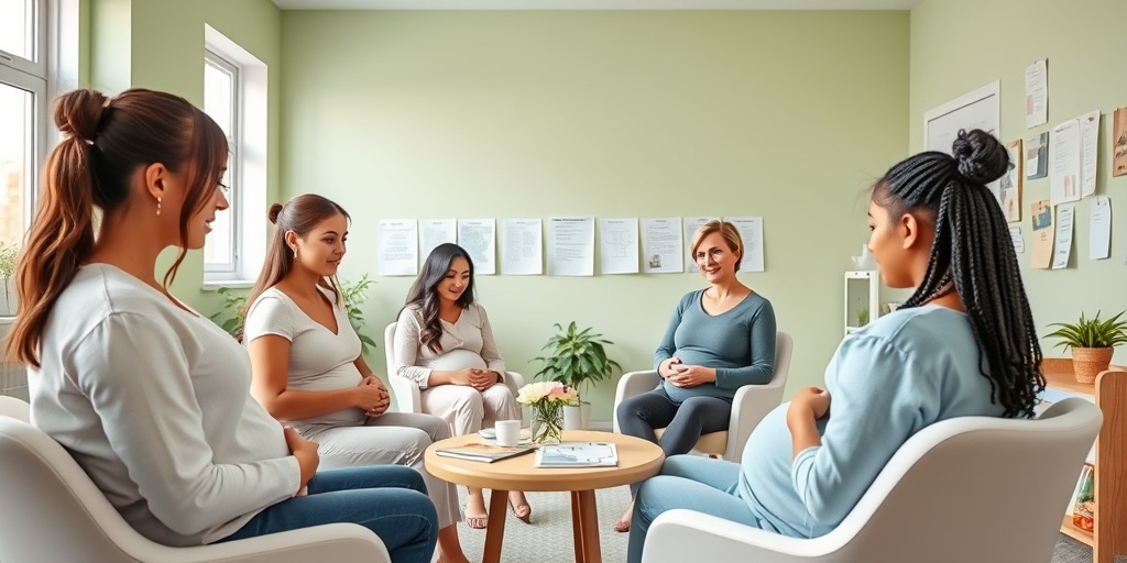 Expectant parents engaged in a prenatal class, learning about nutrition and mental health in a bright, welcoming environment.5.png