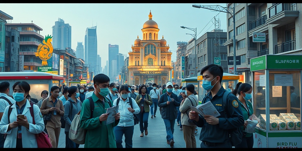 Health officials engage a city community with awareness campaigns and vaccination stations, showcasing resilience against Bird Flu.  5.png