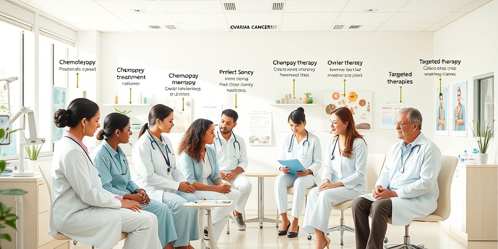 Healthcare professionals discussing diverse Ovarian Cancer treatment options in a bright clinic, symbolizing hope and resilience.  4.png