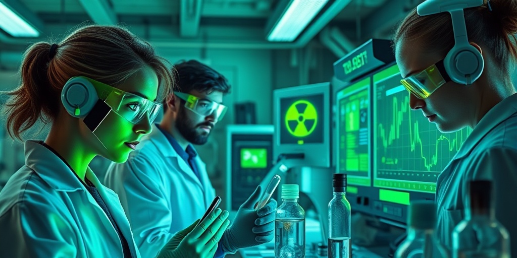 Laboratory scene depicts scientists researching radiation effects, featuring advanced technology and glowing screens in vibrant greens and subtle blues. 5.png