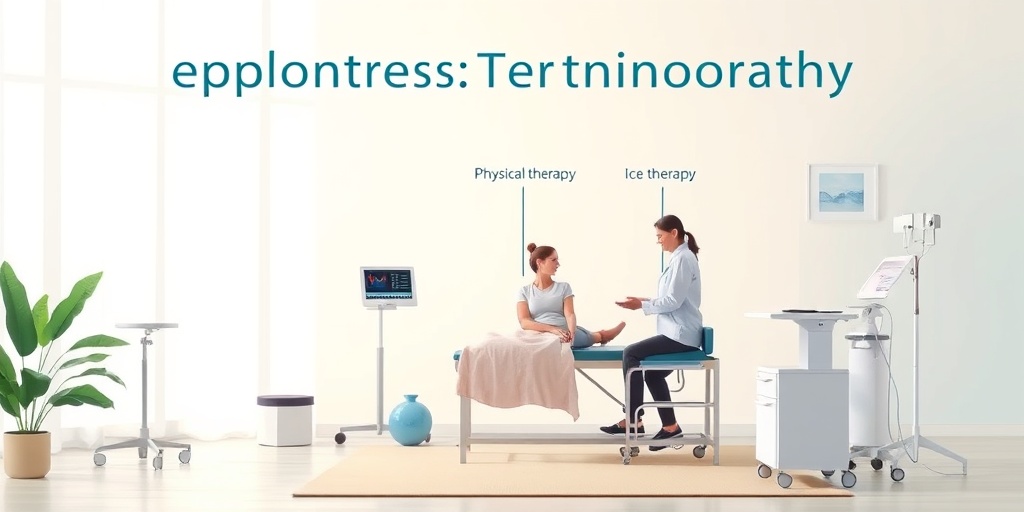 Patient receiving therapy for tendinopathy in a calming environment, surrounded by medical equipment and soft blue and white tones.4.png