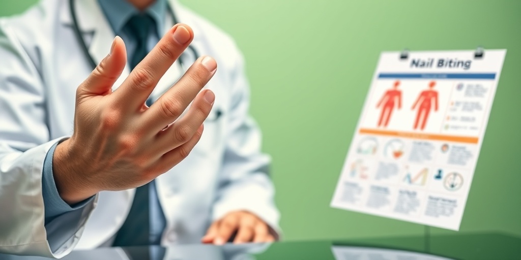 Person discussing nail health with a doctor, hands showing signs of nail-biting, in a reassuring green environment.  4.png