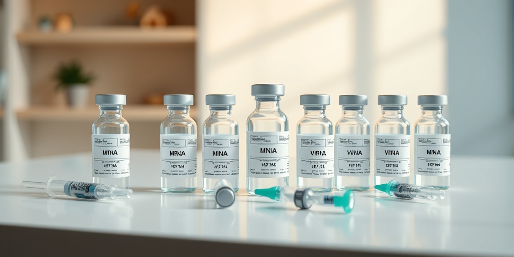 Realistic vaccine vials and syringes are displayed on a modern table, highlighting different types of vaccines in a professional setting.  2.png