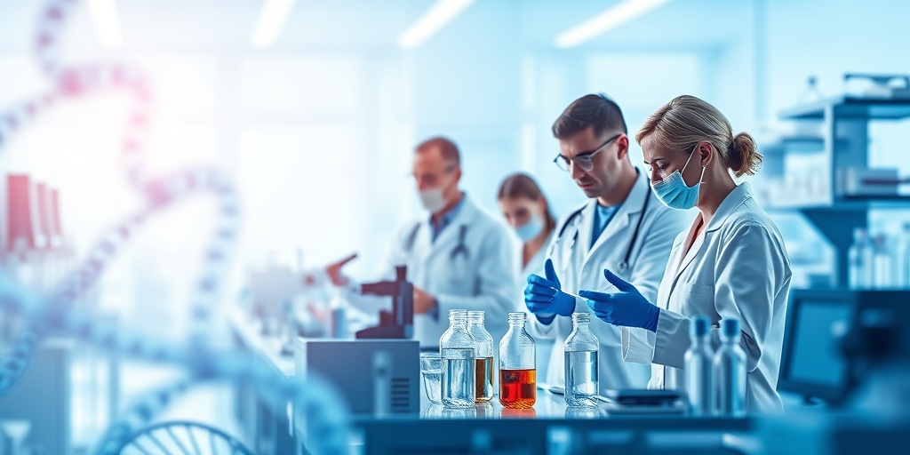 Researchers in a lab collaborating on ADPKD treatments, surrounded by advanced technology and symbols of hope and progress.5.png