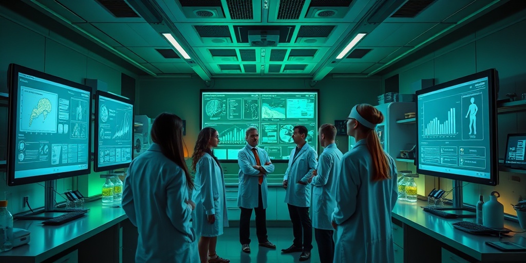 Scientists collaborate in a futuristic lab, exploring advanced technologies to study the placebo effect and its healing potential.5.png