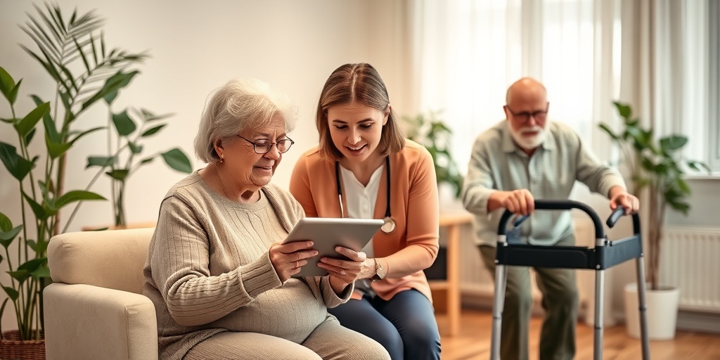 Seniors engage in cognitive and mobility exercises in a warm, inviting therapy room adorned with plants and soft lighting.  4.png